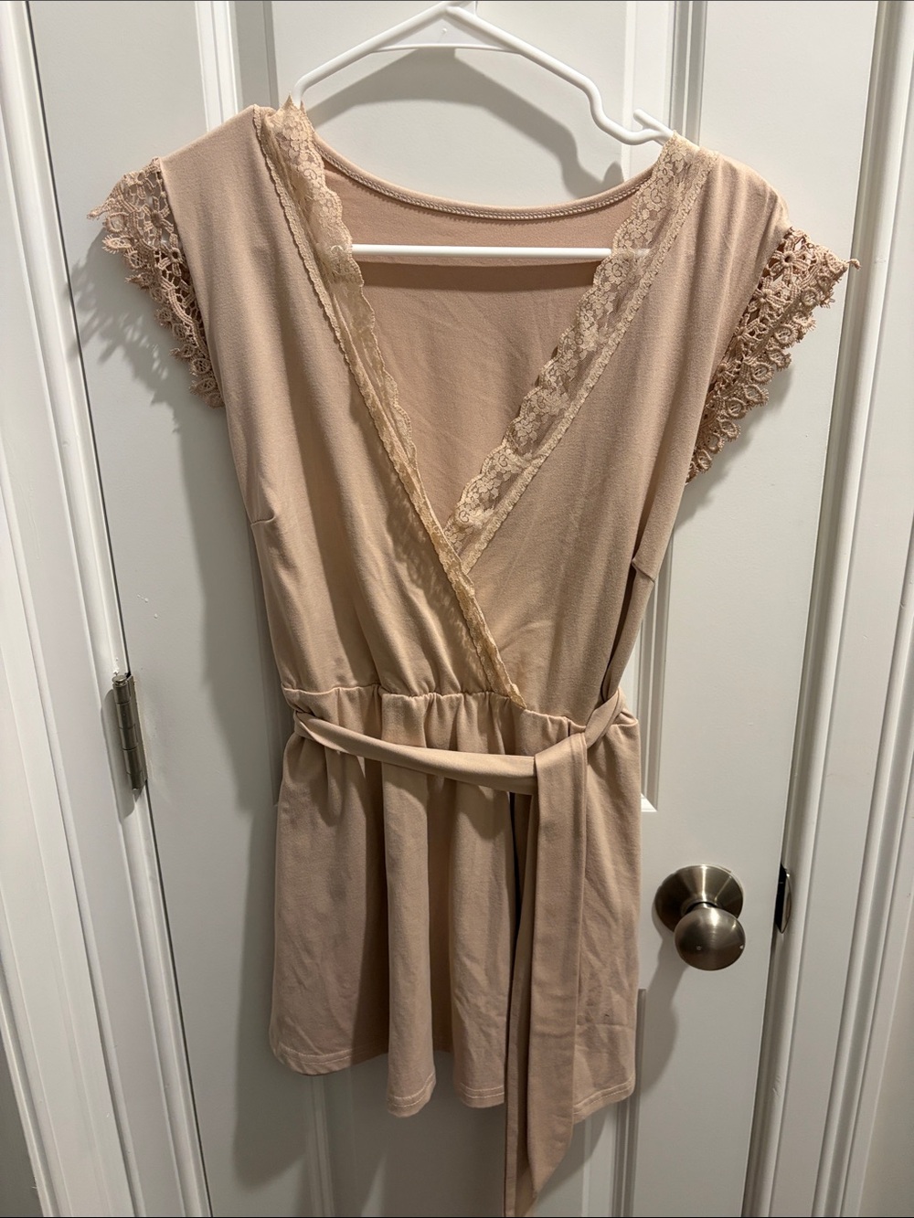 Beige Lace Trim Wrap Top with Belt